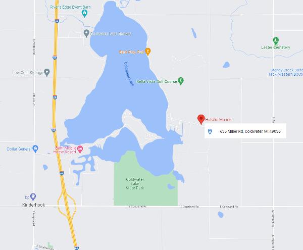 Slide: The Image of Map showing location of Hutch's Marine, 636 Miller Rd, Coldwater, MI 49036. - 18