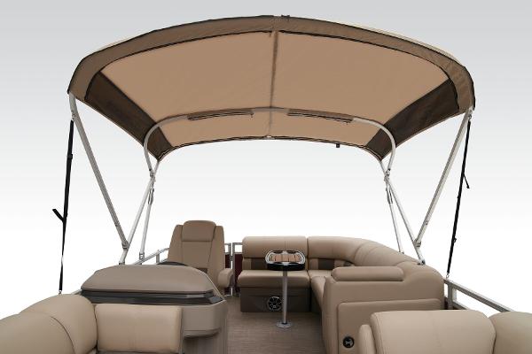 Slide: The Image of 2024 Sun Tracker Party Barge 20 DLX interior with canopy and seating. - 21