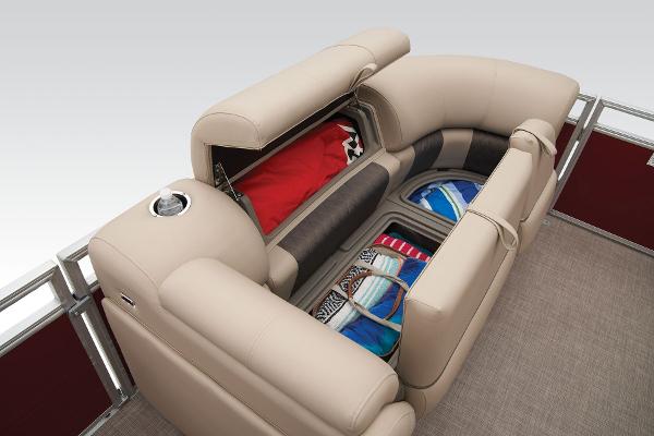 Slide: The Image of 2024 Sun Tracker Party Barge 20 DLX seating with storage compartments. - 22