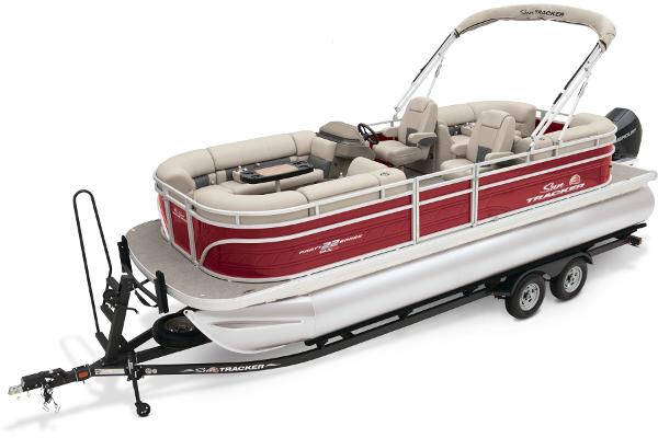 Slide: The Image of 2024 Sun Tracker Party Barge 22 XP3 pontoon boat on trailer, red and white. - 1