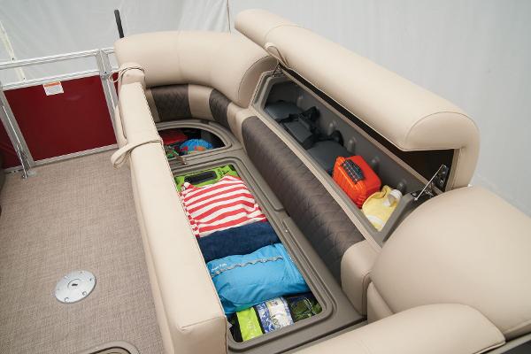 Slide: The Image of 2024 Sun Tracker Party Barge 22 XP3 storage compartments with seating and gear. - 17