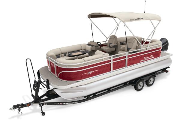 Slide: The Image of 2024 Sun Tracker Party Barge 22 XP3 pontoon boat on trailer, red and white color scheme. - 2