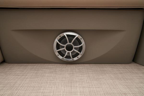 Slide: The Image of 2024 Sun Tracker Party Barge 22 XP3 speaker detail on beige interior. - 21