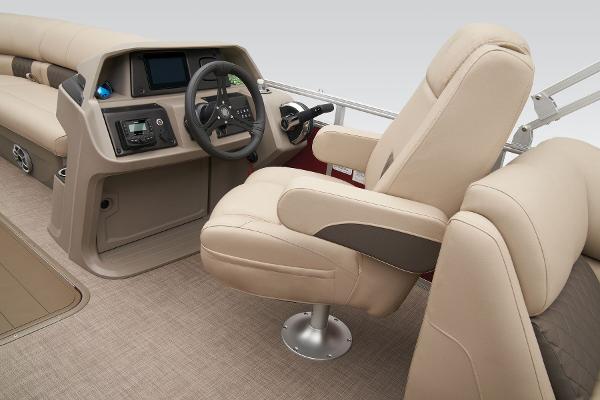 Slide: The Image of 2024 Sun Tracker Party Barge 22 XP3 interior with captain's chair and control console. - 26