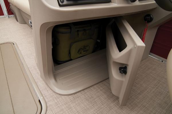 Slide: The Image of 2024 Sun Tracker Party Barge 22 XP3 storage compartment with cooler. - 27