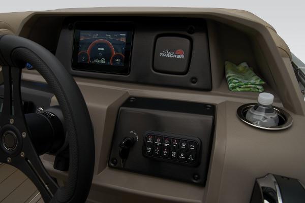 Slide: The Image of 2024 Sun Tracker Party Barge 22 XP3 dashboard with touchscreen and controls. - 33