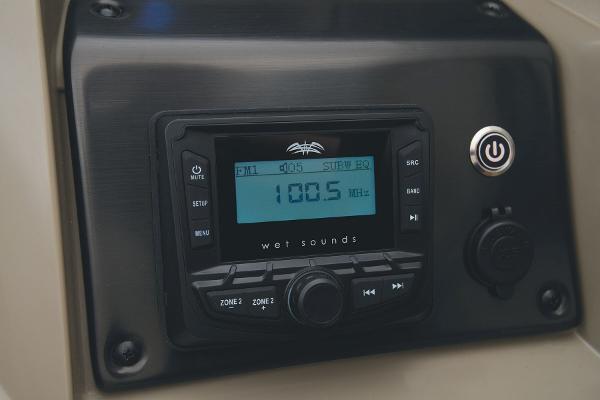 Slide: The Image of Close-up of the audio system on a 2024 Sun Tracker Party Barge 22 XP3. - 35