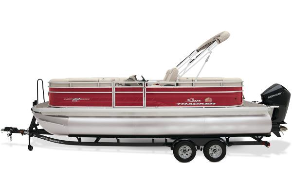 Slide: The Image of 2024 Sun Tracker Party Barge 22 XP3 pontoon boat on trailer. - 4