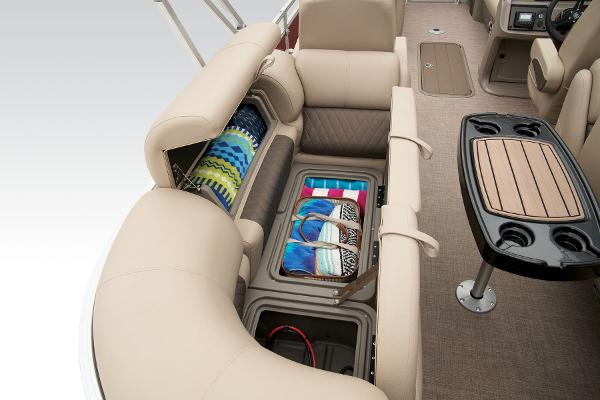 Slide: The Image of 2024 Sun Tracker Party Barge 22 XP3 interior storage compartments and seating area. - 42