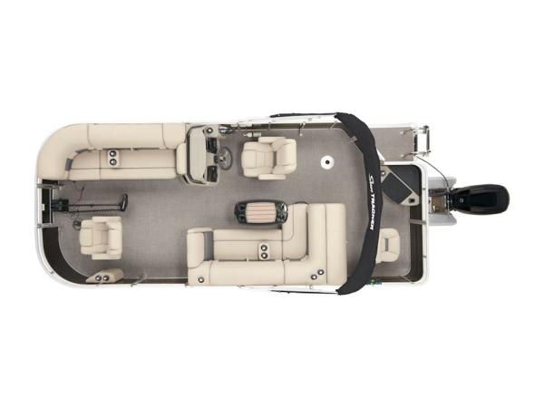 Slide: The Image of 2024 Sun Tracker Sportfish™ 20 DLX pontoon boat, top view, spacious seating, and modern design. - 1