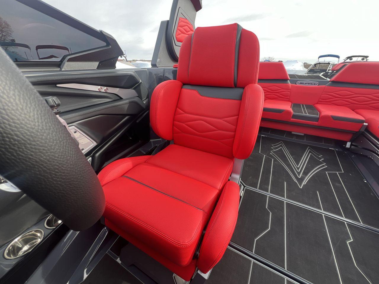 Slide: The Image of 2025 Supra SA boat interior with red leather seats and modern design. - 13