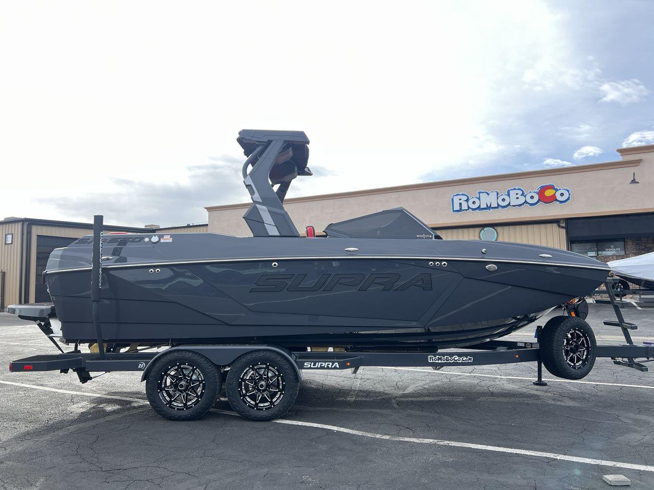 Slide: The Image of 2025 Supra SA boat on trailer in parking lot, overcast sky. - 6