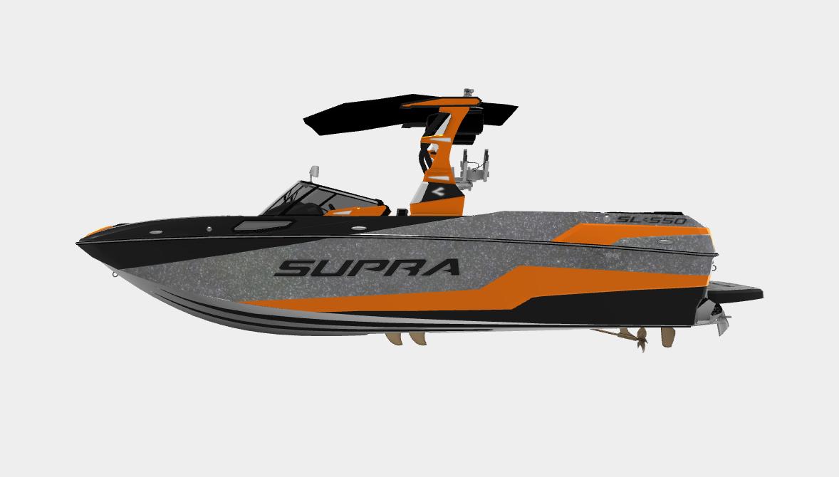 Slide: The Image of 2022 Supra SL 550 boat, sleek design with orange and black accents, side view. - 15