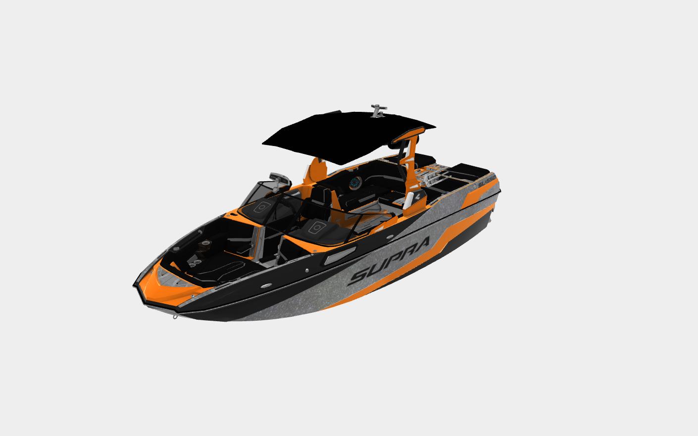 Slide: The Image of 2022 Supra SL 550 boat with orange and black design, featuring a sleek canopy. - 16