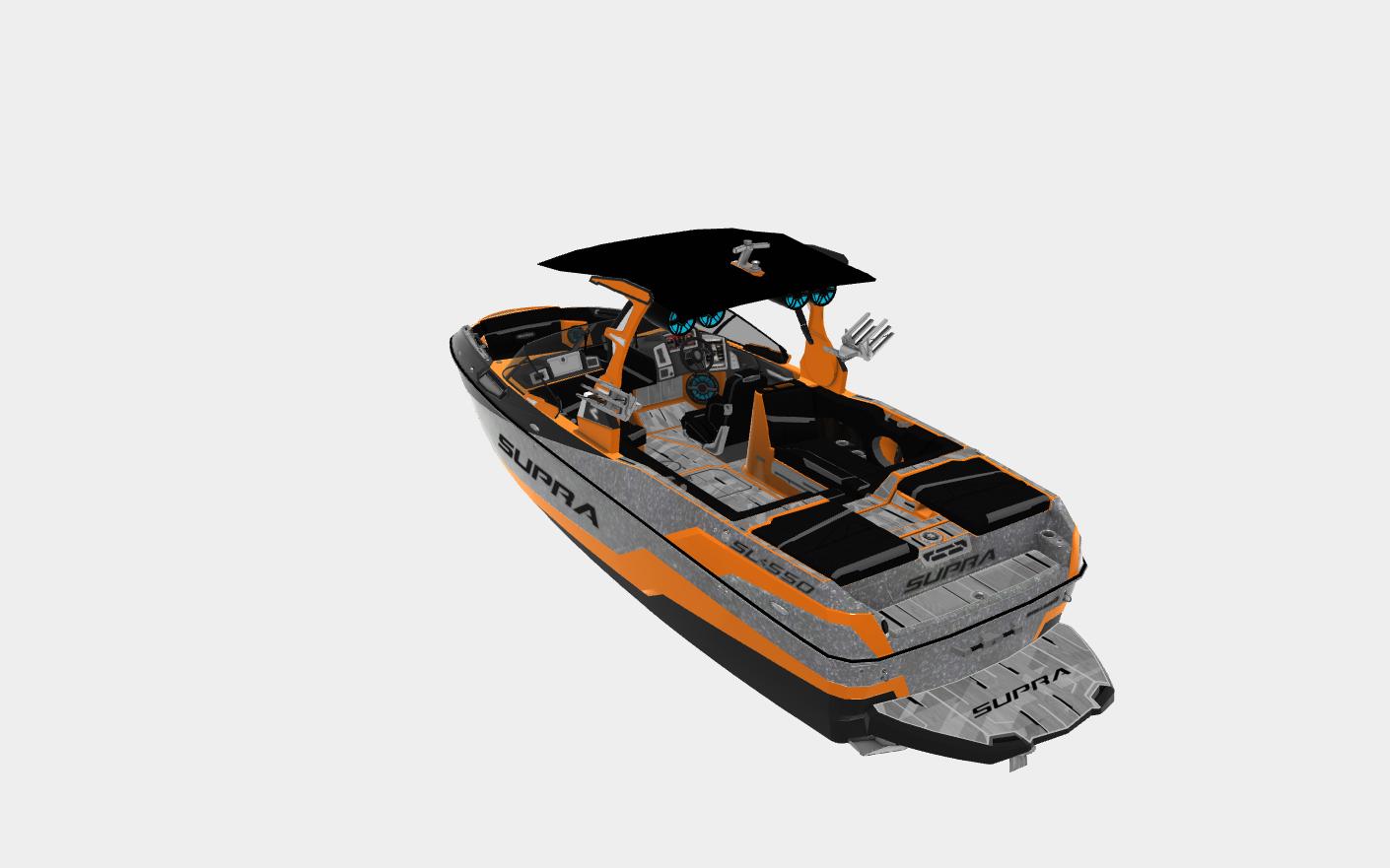 Slide: The Image of 2022 Supra SL 550 boat, orange and black design, rear view, sleek and modern. - 17