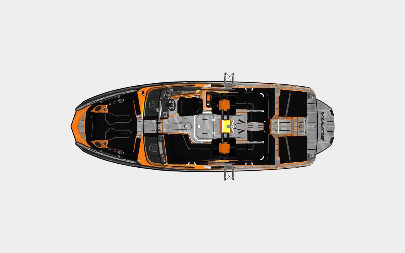 Slide: The Image of Top view of 2022 Supra SL 550 boat with orange and black interior design. - 18