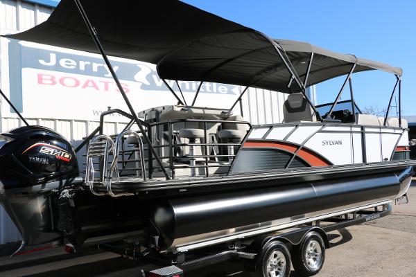 Slide: The Image of 2025 Sylvan L3 DLZ Bar Tri-Toon boat with canopy on trailer. - 1