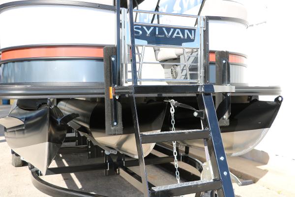 Slide: The Image of 2025 Sylvan L3 DLZ Bar Tri-Toon boat with ladder and sleek design. - 10