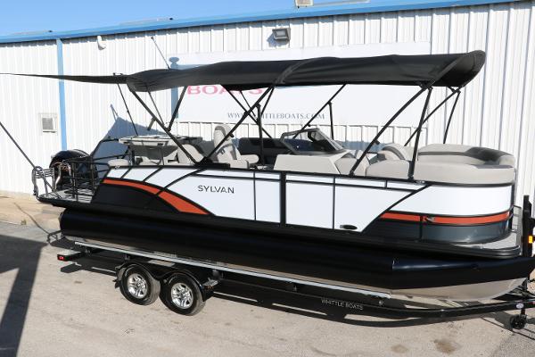 Slide: The Image of 2025 Sylvan L3 DLZ Bar Tri-Toon boat with canopy on trailer. - 18