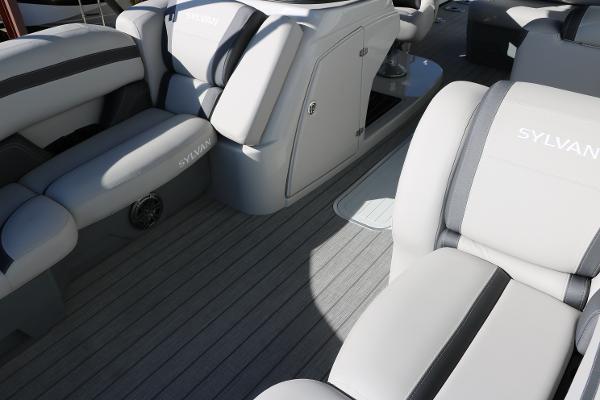Slide: The Image of 2025 Sylvan L3 DLZ Bar Tri-Toon boat interior with gray seating and sleek design. - 22