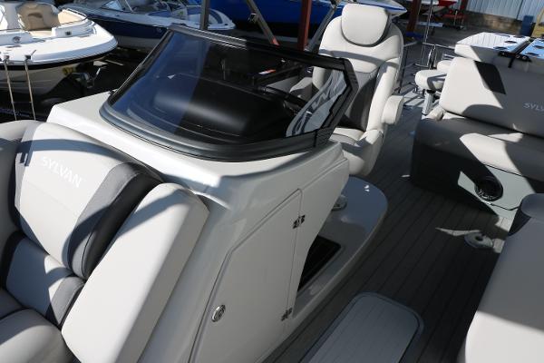 Slide: The Image of 2025 Sylvan L3 DLZ Bar Tri-Toon boat interior with sleek seating and modern design. - 23