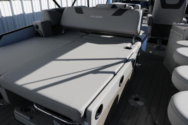 Slide: The Image of 2025 Sylvan L3 DLZ Bar Tri-Toon boat interior with spacious seating and modern design. - 35