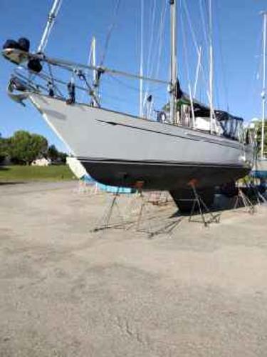 Slide: The Image of 1988 Tayana 52 sailboat on dry dock for maintenance. - 20