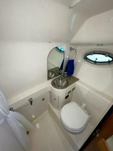 Slide: The Image of 2012 Tiara Yachts 3100 Coronet bathroom with sink, toilet, and porthole window. - 13