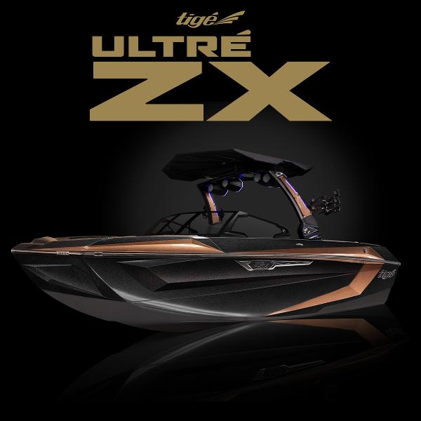 Slide: The Image of 2024 Tigé ULTRA ZX 23 and 25 boat model in black and gold. - 2
