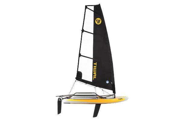 Slide: The Image of 2022 Tiwal 3 Sailboat with black sail and yellow hull. - 1