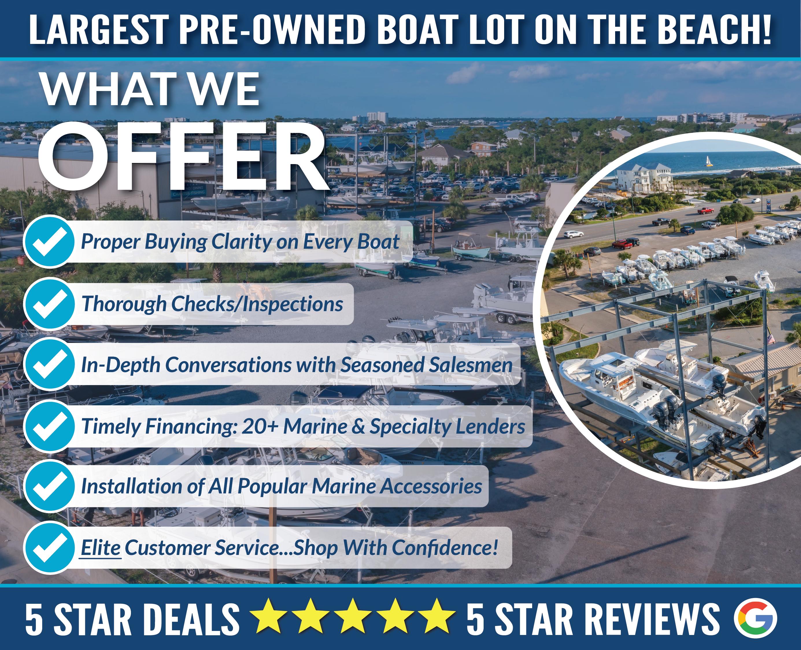 Slide: The Image of Pre-owned boat lot offering inspections, financing, accessories, and top customer service, 5-star reviews. - 4