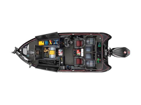 Slide: The Image of 2024 Triton 18 TrX fishing boat, top view, showcasing storage compartments and seating. - 15