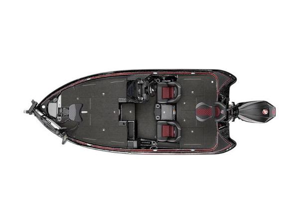 Slide: The Image of 2024 Triton 18 TrX bass boat, top view, black and red design. - 2