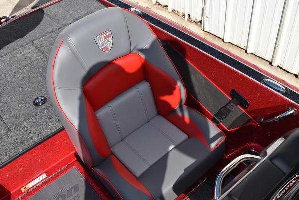 Slide: The Image of 2024 Triton 18 TrX boat seat, red and gray upholstery, close-up view. - 42