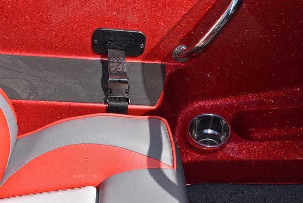 Slide: The Image of 2024 Triton 18 TrX boat interior with red and gray seat, cup holder. - 48