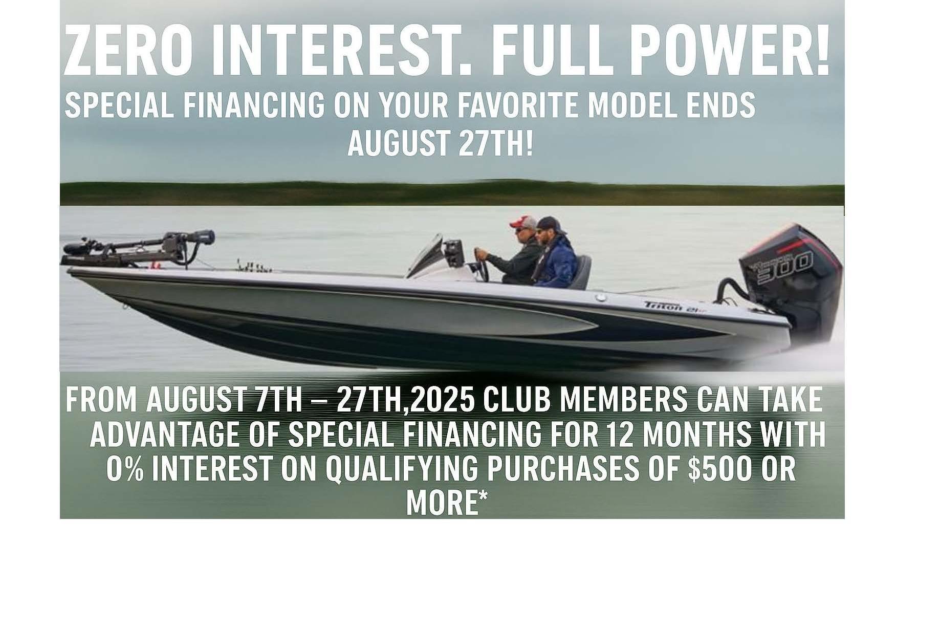 Slide: The Image of 2024 Triton 206 Allure boat with special zero-interest financing offer until August 27th. - 1