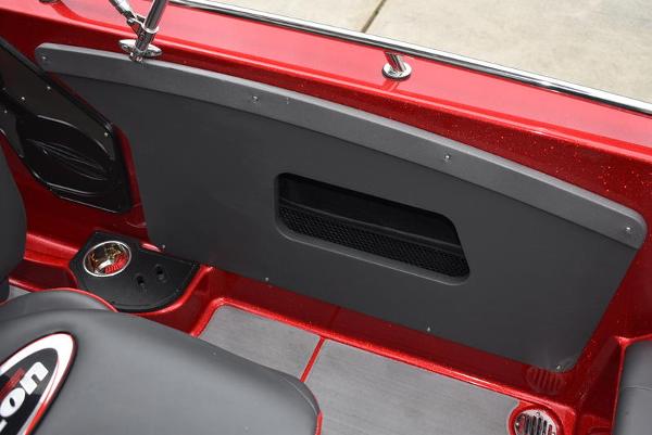 Slide: The Image of 2024 Triton 206 Allure boat interior, red and black seating, side panel storage. - 23