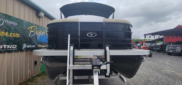 Slide: The Image of 2023 Veranda VISTA20RC Bi-Toon pontoon boat on trailer, front view. - 3