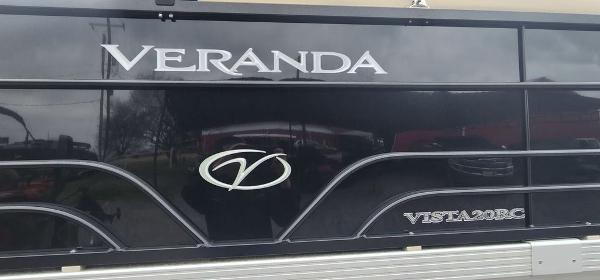 Slide: The Image of 2023 Veranda VISTA20RC Bi-Toon boat side view with logo and model name. - 6