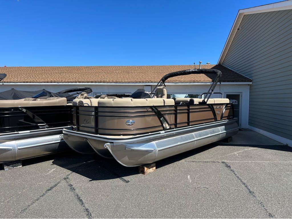 Slide: The Image of 2023 Veranda VP 22 VLB pontoon boat displayed outdoors. - 1