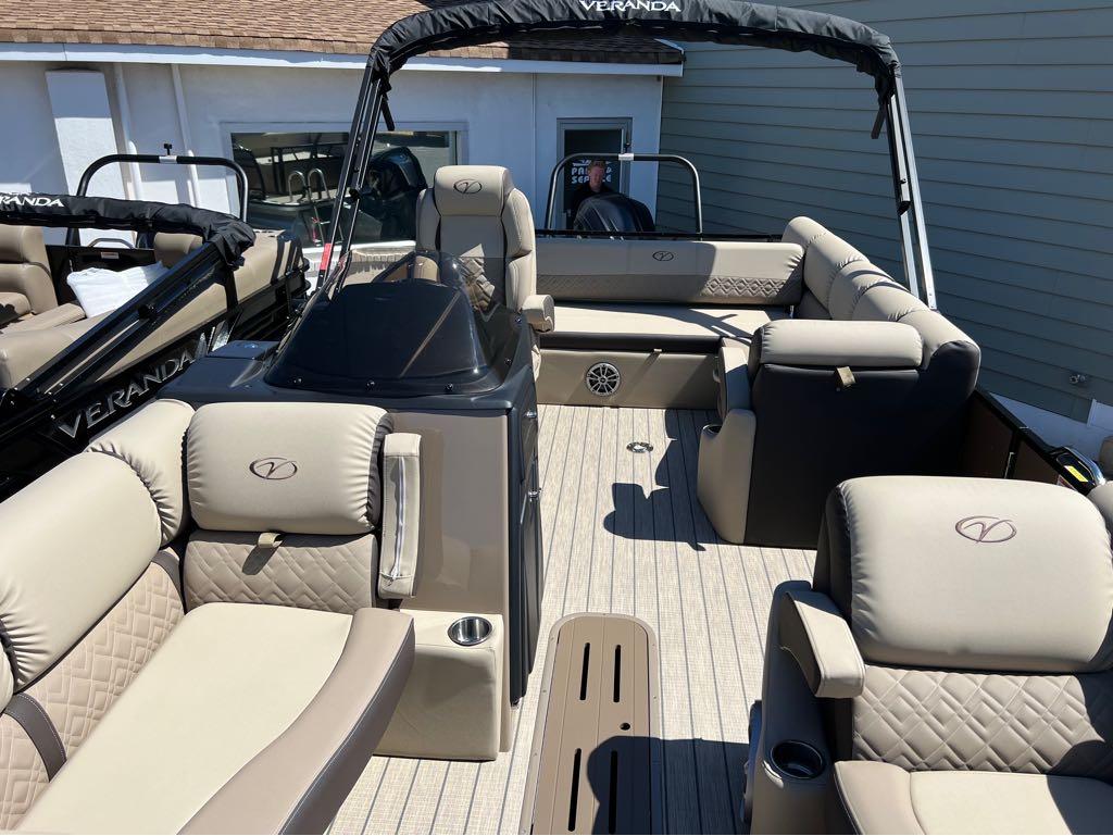 Slide: The Image of 2023 Veranda VP 22 VLB pontoon boat interior with luxurious seating and modern design. - 4