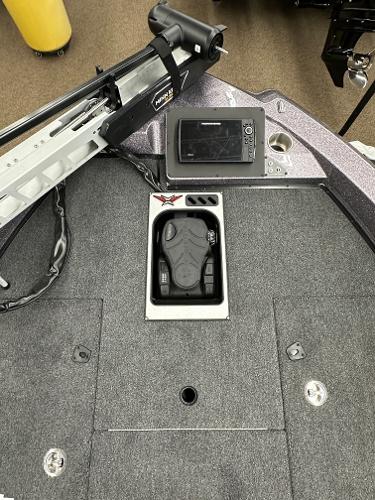 Slide: The Image of 2024 Vexus DVX19S boat deck with trolling motor and fish finder. - 3