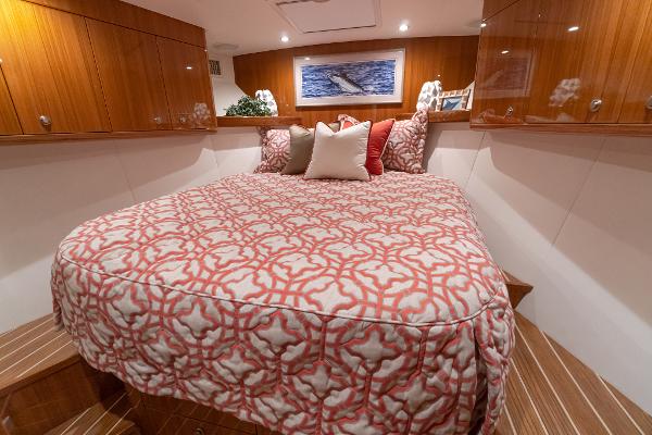 Slide: The Image of Luxurious bedroom interior of 2025 Viking 46 Billfish yacht with patterned bedding. - 3