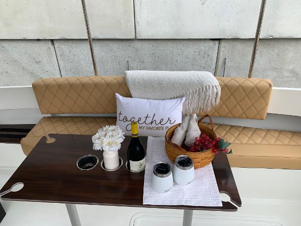 Slide: The Image of 2023 Vision Marine Technologies Fantail 217 interior with cozy picnic setup. - 4