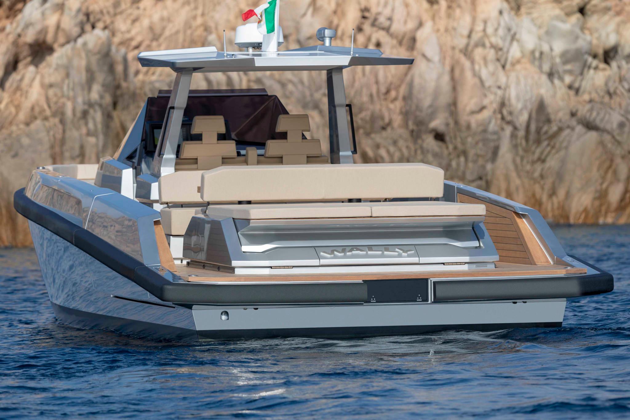 Slide: The Image of 2023 Wally WallyTender48 luxury yacht on the water, rear view. - 1