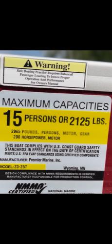 Slide: The Image of 2016 Weeres Pontoons ECLIPSE 240TT capacity label: 15 persons or 2125 lbs, 200 HP - 9