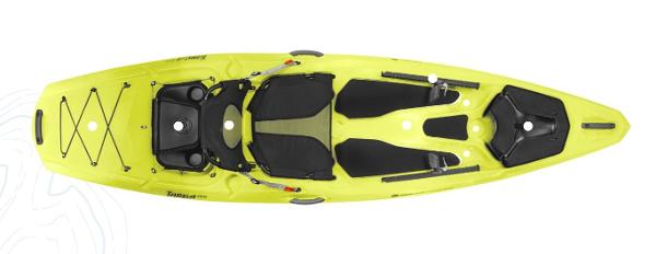 Slide: The Image of 2023 Wilderness Systems Targa 100 kayak, top view, bright yellow, with black seating and storage areas. - 9
