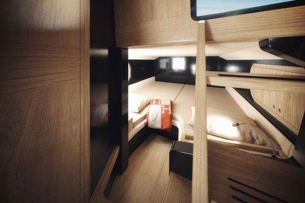 Slide: The Image of 2024 Windy SRL/SR60 yacht interior cabin with wooden finish and cozy bedding. - 13