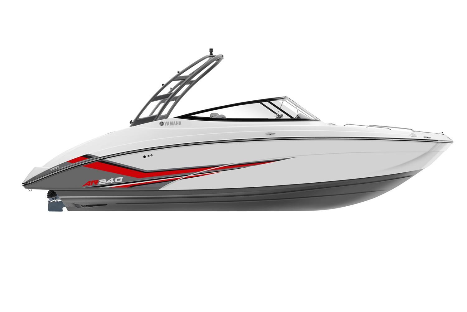 Slide: The Image of 2019 Yamaha AR240 boat, sleek white design with red accents, side view. - 23
