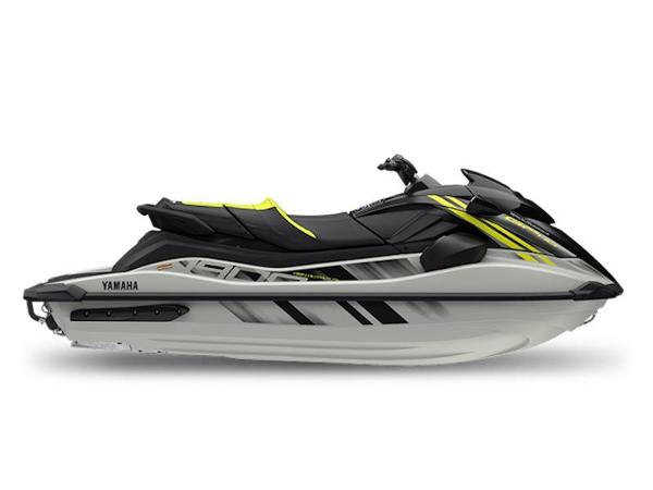 The Image of 2025 Yamaha WaveRunner GP HO, sleek design, black and white with yellow accents. - 0
